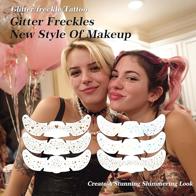 6 pcs Holographic Multicolour Glitter Freckles Face Tattoo, Waterproof Sparkle Face Glitter Speckles Patches for Women, Cute Glitter Temporary Tattoo Makeup Rave Accessories