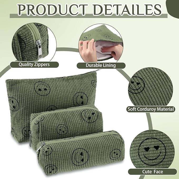3 Pcs Makeup Bag Set for Women Corduroy Cosmetic Pouch Aesthetic Smile Travel Toiletry Bag Cute Purse Pouch Pencil Case Makeup Brushes Storage Organizer for Christmas(Army Green,Smile Face)