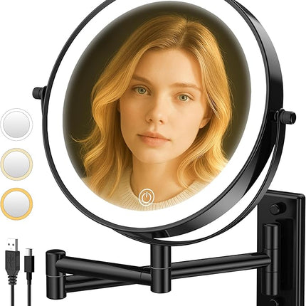 Wall Mounted Makeup Mirror with Lights, 8" Bathroom Vanity Magnifying Mirror Wall Mount with 1X/10X Magnification and Extendable Arm,Black
