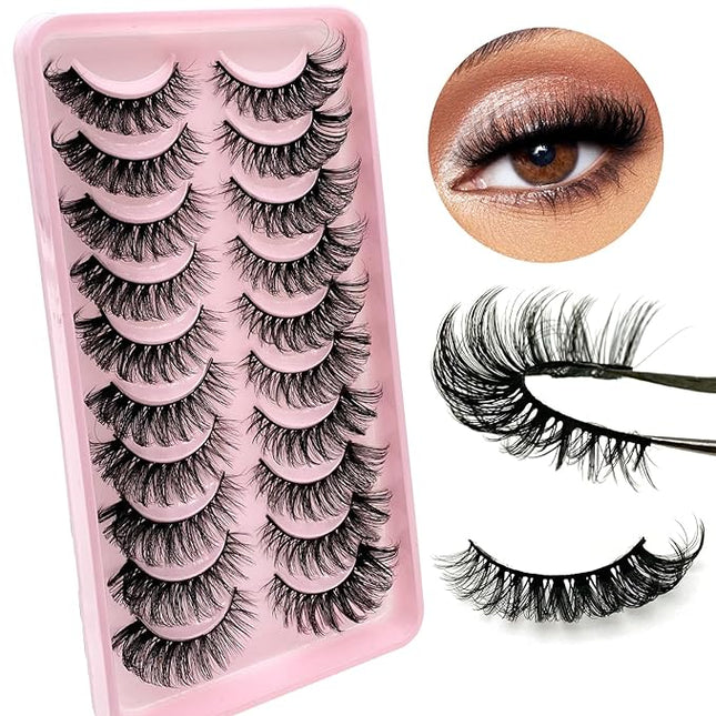 Royaomis D Curl Cat Eye lashes Wispy Russian Strip Lashes that Look Like Extensions 8D False Eyelashes Natural Look Pack 10 Pairs (RM-39)
