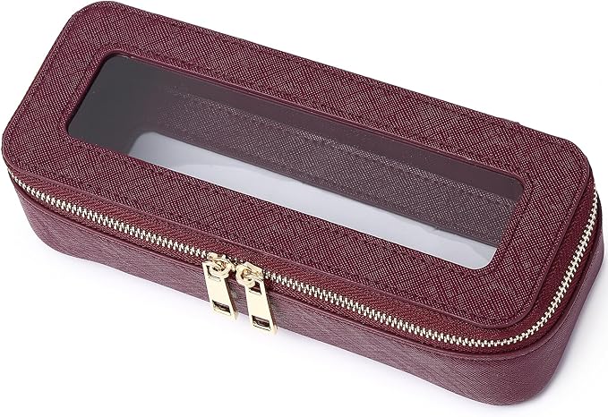 Pinkmik Makeup Brush Case Clear Travel Cosmetic & Toiletry Bag Small Makeup Bag with Zipper Purse Organizer Car Essential Bag for Women (X/Burgundy, SLIM)