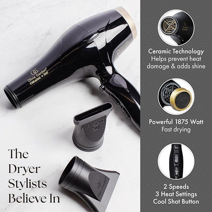 Olivia Garden 1875W Ceramic + Ion Professional Hair Dryer for Men and Women - Fast Drying Blow Dryer - Powerful Ionic Generator - 3 Heat Settings - with 2 Nozzles and Storage Bag - (Black/Gold)