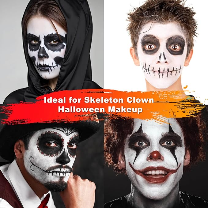 Black White Light Grey Face Body Paint 1.01 oz/pc with 3 Sponges,Water Based Face Paint Kit for Clown Joker Devil Vampire Skeleton Cosplay Makeup,Halloween SFX Makeup Cream Body Paint,3.03 oz