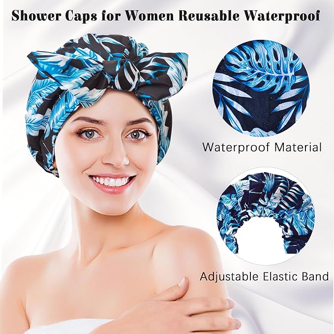 Luxury Shower Cap for Women, Shower Caps for Women Reusable Waterproof, Hair Cap for Shower, Large Adjustable Bowknot Bath Cap for Long Hair Braids