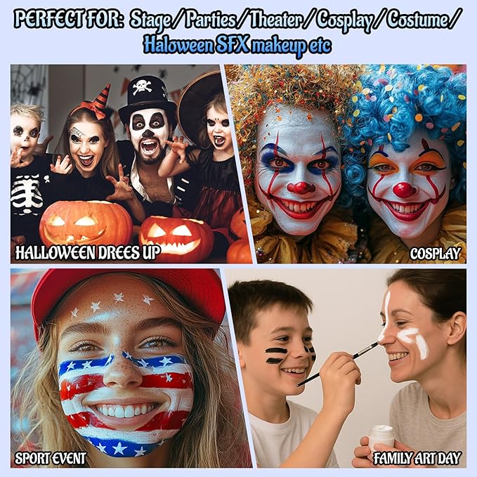 Red White Blue Face Body Paint with Applicator, Face Painting Kit for Halloween Crazy Clown Costume Makeup, US Flag Color 4th of July Independence Day America’s Patriotic Parades & Sports Eye Black