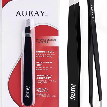 Eyebrow Tweezers Stainless Steel Facial Hair Removal Tweezers for Men & Women in Black with Slanted Tip for Easy Plucking by AURAY