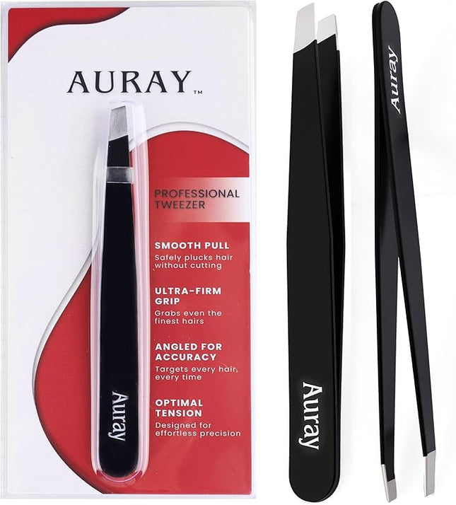 Eyebrow Tweezers Stainless Steel Facial Hair Removal Tweezers for Men & Women in Black with Slanted Tip for Easy Plucking by AURAY