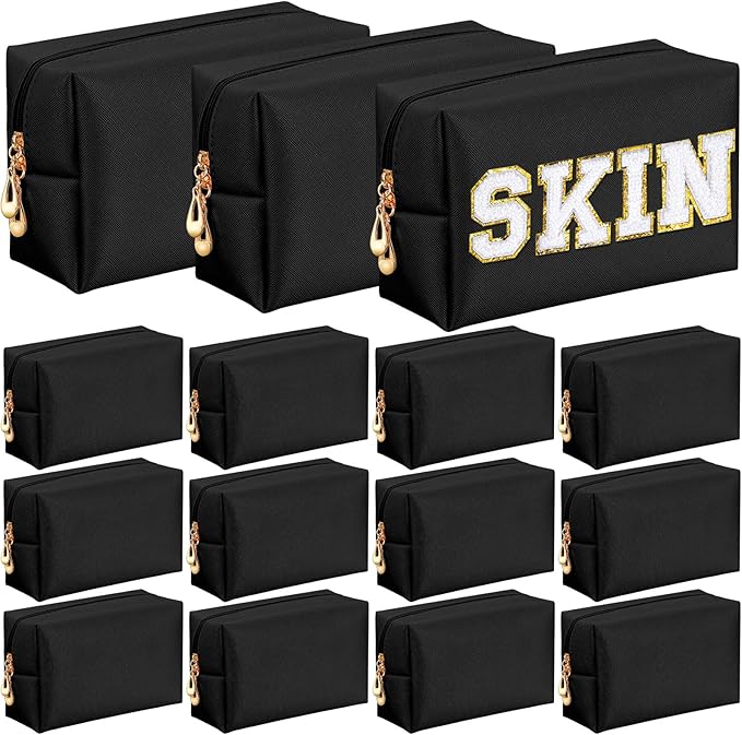 Kigeli 15 Pcs Aesthetic Makeup Bags PU Leather Cosmetic Pouches Waterproof Plain Toiletry Bags Makeup Pouches Bulk for Women Party Gift Travel Storage Organizer (Black)