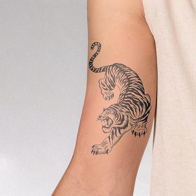 Tiger Temporary Tattoo for Men & Women – 3x5 Inch Realistic Black Ink Beast Fake Tattoo, Bold Animal Body Art for Arm, Chest, Back & Shoulder
