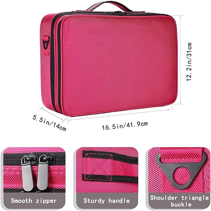 JOURMON Travel Makeup Case Portable Makeup Train Case Organizer Cosmetic Bag with Adjustable Dividers and Shoulder Strap for Makeup Brushes Toiletry Travel Accessories(Rose Red, L)
