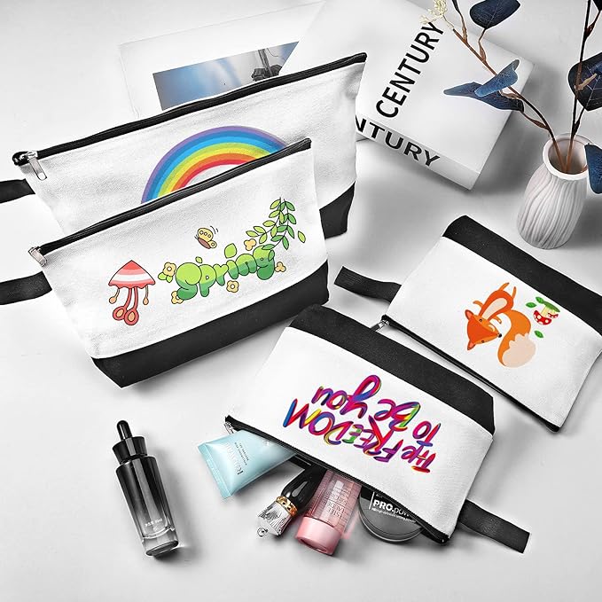 10 Pieces Cotton Canvas Makeup Bag with Bottom and Strap, Multi-Purpose Cosmetic Bag with Zipper Travel Toiletry Pouch, Blank DIY Craft Bag (White&Black, L)