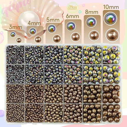 qiipii 2 Styles Solid Dark Brown+ Brown AB Flatback Pearls for Bedazzling Crafting 3mm-10mm Coffee Half Round Pearls Beads Gems Bedazzler Kit for Nails Face Eyes Makeup Tumblers Bottles DIY Crafts