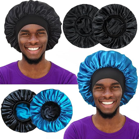 2pcs Bonnet for Men, Bonnets for Women, Satin Silk Hair Bonnet for Sleeping, Reversible Double Layer Wide Band Sleep Cap for Curly Hair Braids