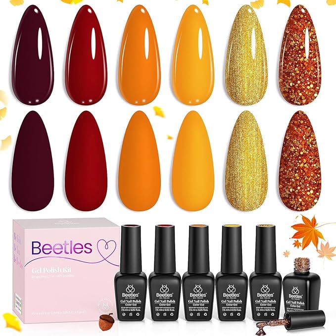 Beetles Fall Gel Nail Polish Set 6 Colors Gel Polish Red Orange Brown Gold Glitter Kit DIY Home Nail Art Manicure Kits Gifts for Women Golden Blessing