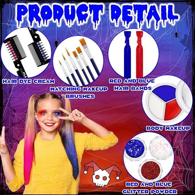 Halloween Makeup Set Clown Make Up Kit Includes Red White Blue Face Paint Hair Color Sticks Glitte Paint Stick Lipstick Makeup Brush Hair Tie for Halloween Cosplay Party DIY
