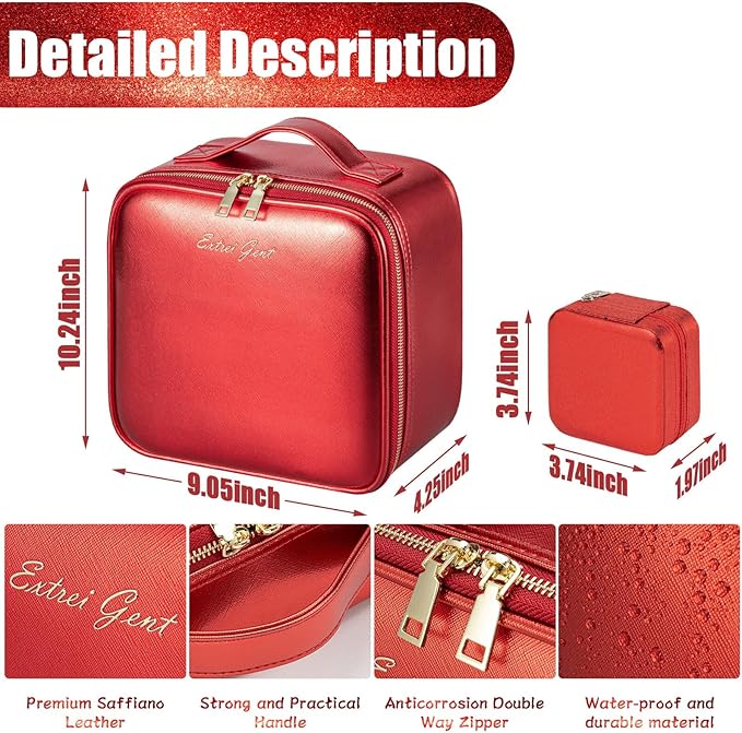 Makeup Travel Train Case with Mirror LED Light 3 Adjustable Brightness Large Cosmetic Bag Portable Storage Adjustable Partition Waterproof Brushes Make up Jewelry Gift for Women