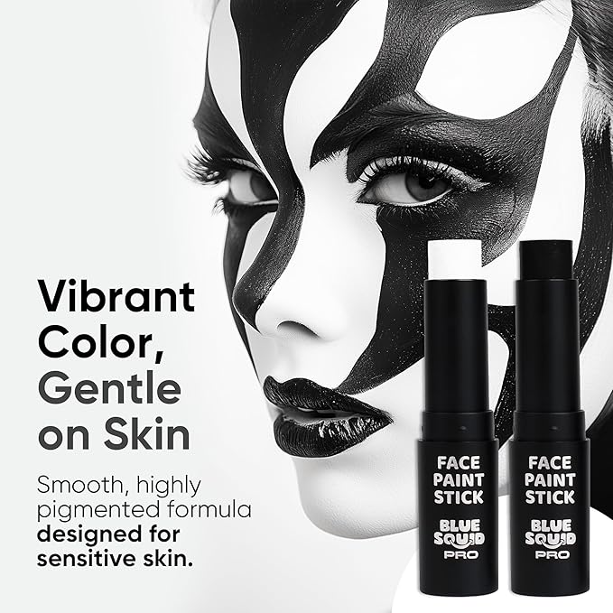 Blue Squid PRO Black and White Face Paint Stick - Waterproof Body Paint For Adults & Kids Eye Black Baseball, Eyeblack Softball -Hypoallergenic Twist-Up Non-Toxic Makeup Stick - Cosplay, Sports & SFX