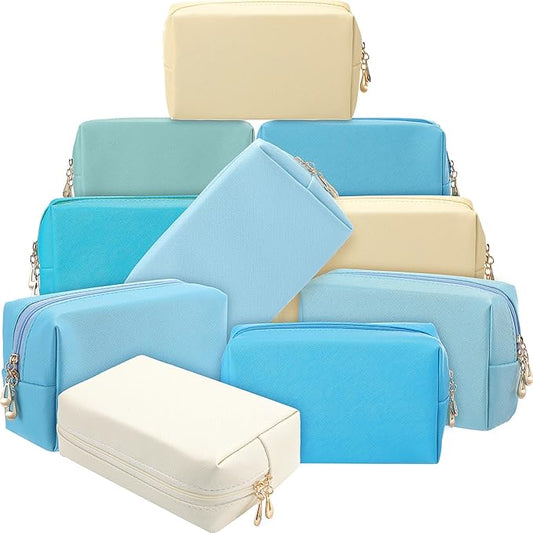 Sanwuta 9 Pcs Makeup Bags Bulk PU Double Zippers Cosmetic Bag Makeup Toiletry Pouch Portable Travel Organizers Case for Women Bachelorette Party End of The Year Bridesmaid Gift(Blue and Green Color)