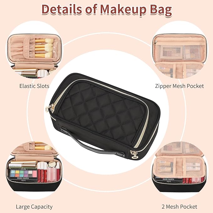 OCHEAL Small Makeup Bag with Zipper Pouch,Portable Cute Travel Makeup Bag Pouch for Women Girls Makeup Brush Organizer Cosmetics Bags with Compartment-Nylon Black
