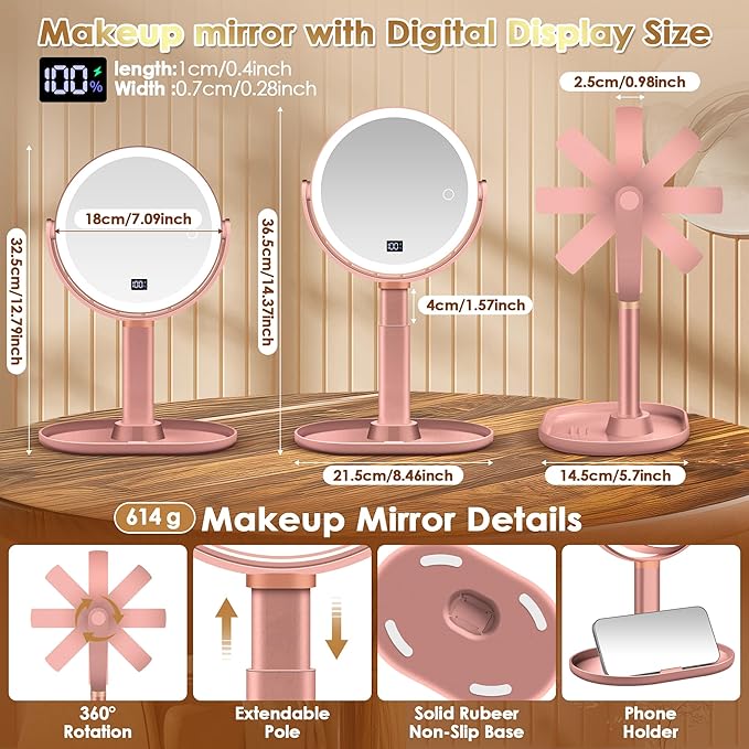 MIYADIVA Makeup Mirror with Lights, 30X/1X Magnifying Mirror with Digital Display, Height Adjustable Tabletop Mirrors, Detachable for Travel, Vanity Mirrors with Phone Holders, Rose Gold
