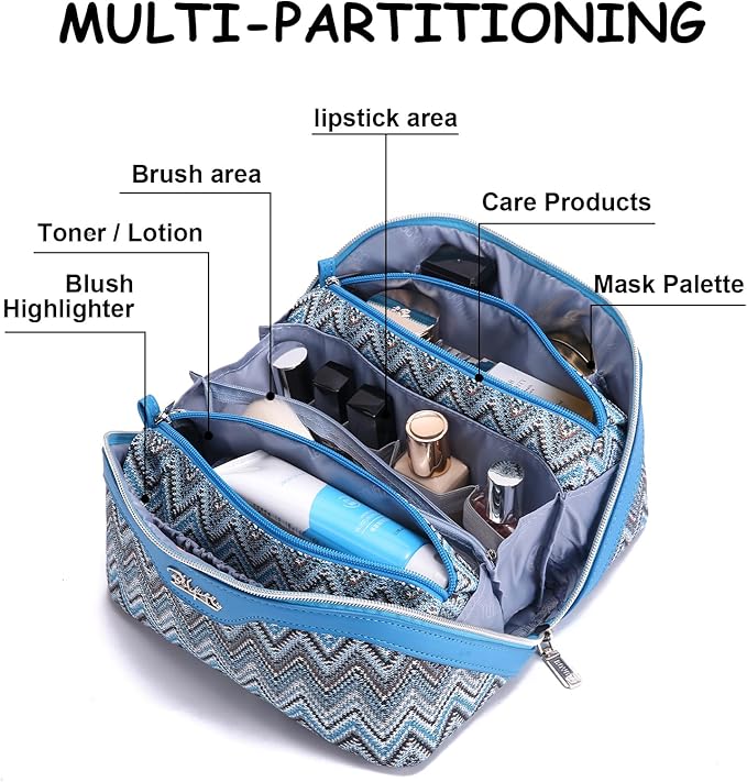 Travel Makeup Bag for Women: Western Boho Make up Bag Set of 3 - Large Capacity Vegan Leather Cosmetic Bag - Waterproof Toiletry Bag with Compartments & Handle & Divider(B-04Blue)