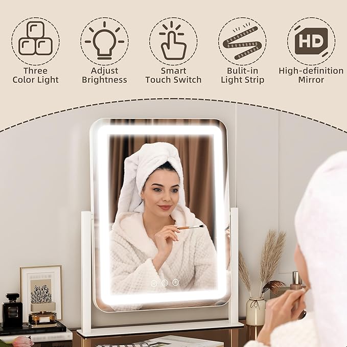 FENNIO Makeup Mirror with Lights 17"x13" ，Desk Mirror，Vanity Mirror with Lights, Touch Screen with 3-Color Lighting, Dimmable, Vanity Mirror for Vanity Desk Tabletop
