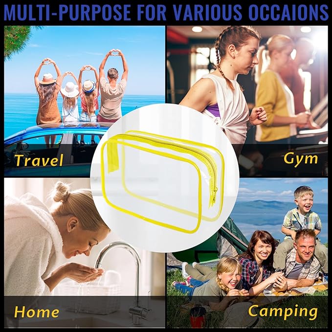 16 Pieces Clear Makeup Bag PVC Zippered Clear Toiletry Carry Pouch Portable Cosmetics Bag Waterproof Makeup Bag Vinyl Plastic Organizer Case for Travel Vacation Bathroom (Yellow-M)