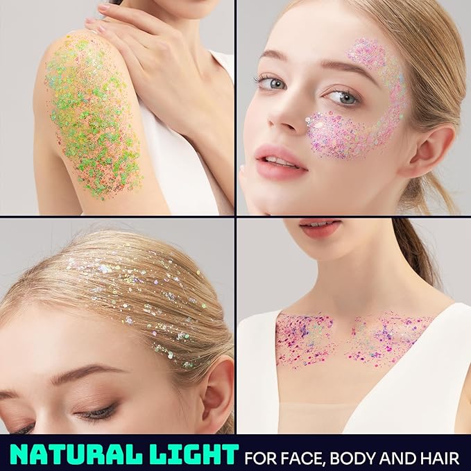 Teenitor 6 Colors Body Glitter Face Glitter, Glow in The Dark Glitter Gel, Glow in The Dark Face Paint for UV Black Light Concerts Party Rave Accessories