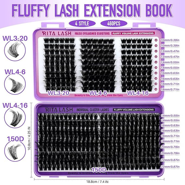 Cluster Lashes 460PCS 4 Style Lash Clusters Eyelash Extensions False Eyelashes DIY Wispy Lash Extension Natural Look Individual Lashes(WL Style+150D lash only)