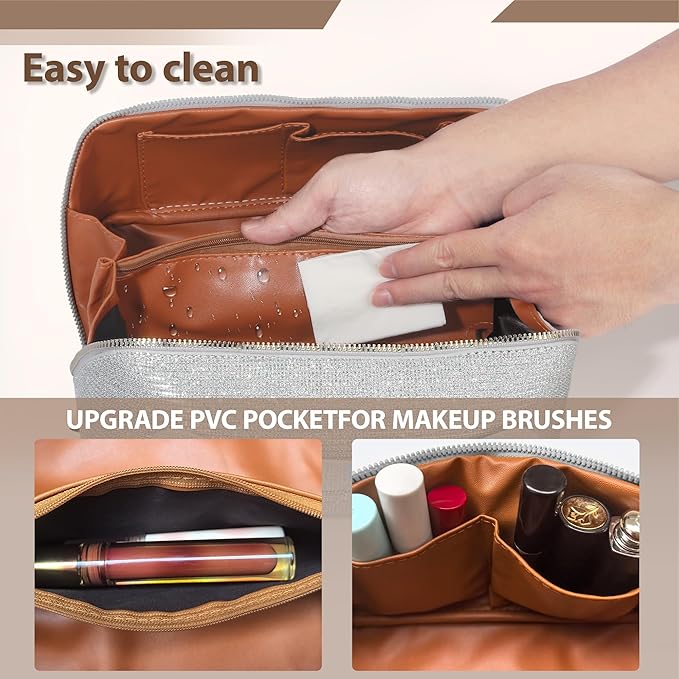 Makeup Bag for Women Travel Cosmetic Bag Toiletry Oraganizer Case Bag Travel Essentials Portable Pouch with Waterproof Large Capacity PU Leather Lining