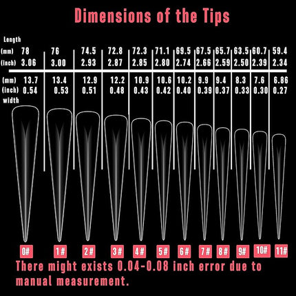 NOVO OVO Halloween Extra Super Extreme Long Stiletto Nail Tips, 5XL XXXXXL Clear Full Cover French Tips False Fake Nail Extension, Sharp Fishbone Arrow Head Nails for Professional 120 pcs 12 Size