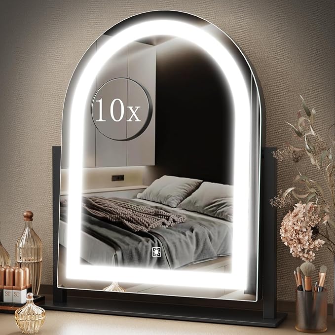 Lighted Makeup Mirror, Hollywood Vanity Mirror with Lights, Three Color Lighting Modes, and Detachable 10X Magnification Mirror, Smart Touch Control, 360°Rotation (15.2in. Black)