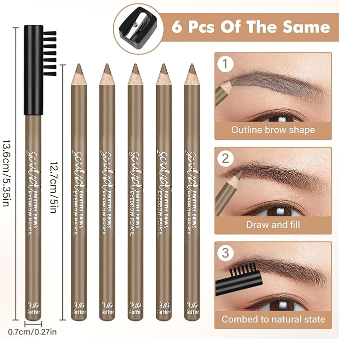 6Pcs Eyebrow pencil wooden，Brow Kit with Brush and Sharpener，Eyebrow Pencils for Women，Fine Tip Eye Brow Eye Liner for Eye Makeup,Shapes, Defines, Fills Brows (Medium Brown-01)