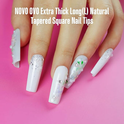 NOVO OVO Long Square Nail Tips NATURAL (Not SCULPTED) for Flat Nail Beds, Extra Thick L Length False Nails Press on, Full Cover Soft Gel Fake Nail Extension, Salon DIY x 15 Sizes 450 pcs