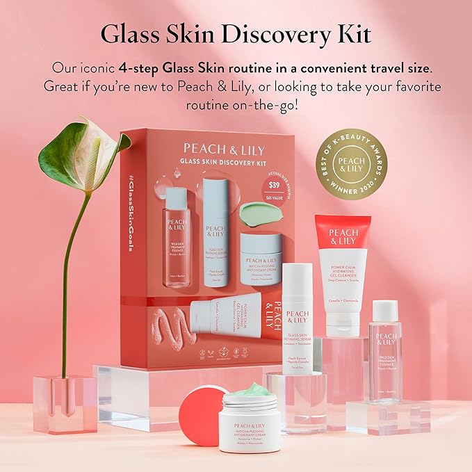 Peach & Lily - Glass Skin Discovery Kit (4 Products) - Cleanser, Essence, Serum, & Cream - Facial Skincare Set - Acne Routine - Trial & Travel Size - Vegan, Gluten Free, & Cruelty Free - Korean Beauty