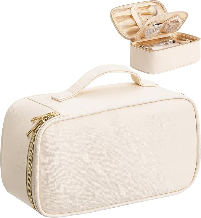 Makeup Bag for Women Small Travel Makeup Bag Organizer Portable Toiletry Bag Cute Makeup Bags Waterproof Leather Cosmetic Bag Makeup Case with Handle, Beige