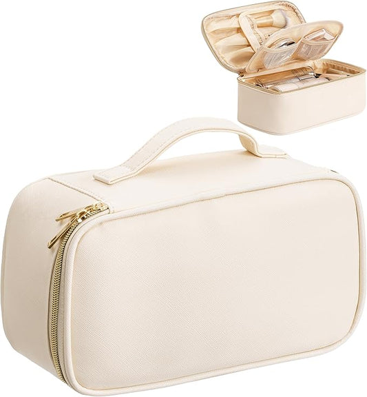 Makeup Bag for Women Small Travel Makeup Bag Organizer Portable Toiletry Bag Cute Makeup Bags Waterproof Leather Cosmetic Bag Makeup Case with Handle, Beige