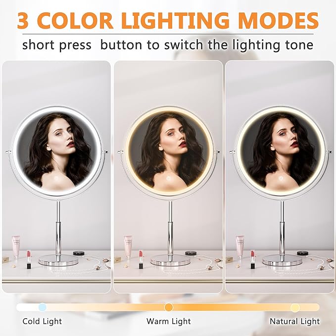 Hasipu 10" Lighted Makeup Mirror with 7X Magnification, Rechargeable Vanity Mirror with Lights, 3 Color Modes, Adjustable Height & 360° Rotation