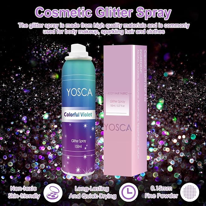 YOSCA Body Glitter Spray, 150ML Shimmer Hairspray for Hair, Body, Clothes - Quick-Drying, Long-Lasting Shiny Spray for Festival, Music Concert, Party, Rave Accessories