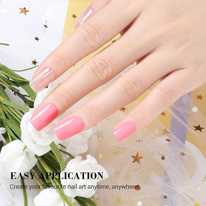 MelodySusie Semi Cured Gel Nail Strips (Pink), 20 PCS Gel Nail Stickers, Gold Foils, UV Light Required, Durable & Salon Quality