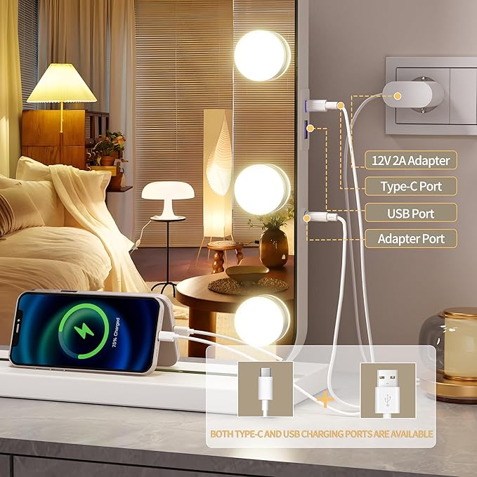 Hasipu Vanity Mirror with Lights and Bluetooth Speaker, 31.5" x 23.6" Hollywood Mirror, Makeup Mirror with 17 Dimmable Bulbs and 10X Magnification, 3 Colors Modes, USB Charging Port, Type-C (White)