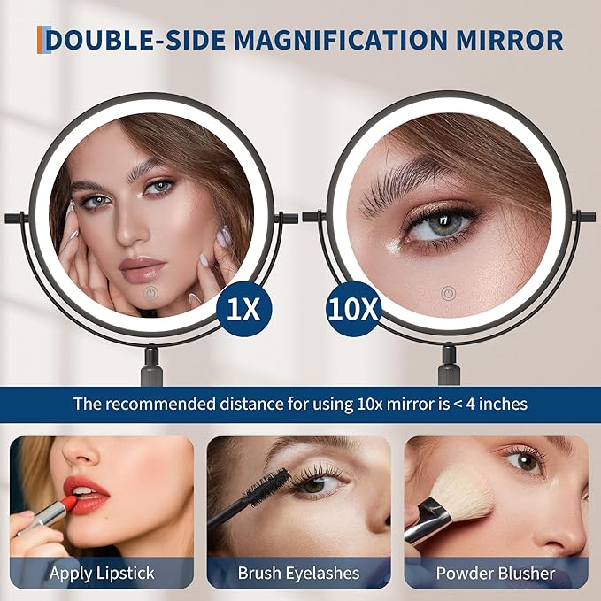 Garvee Lighted Makeup Mirror, Rechargeable Height Adjustable Double Sided Vanity Mirror, 1x/10x True HD Magnifying, Brightness Adjustable, Three Colors, 360° Rotation Vanity, Gift for Women, Black