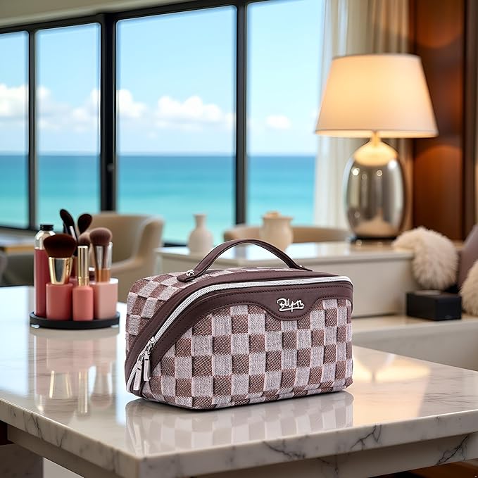 BOYATU Travel Makeup Bag for Women: Large Cosmetic Bag Set of 3 - PU Leather Make up Bag with Compartments - Compact Waterproof Toiletry Bag with Divider & Handle (C-03Brown)