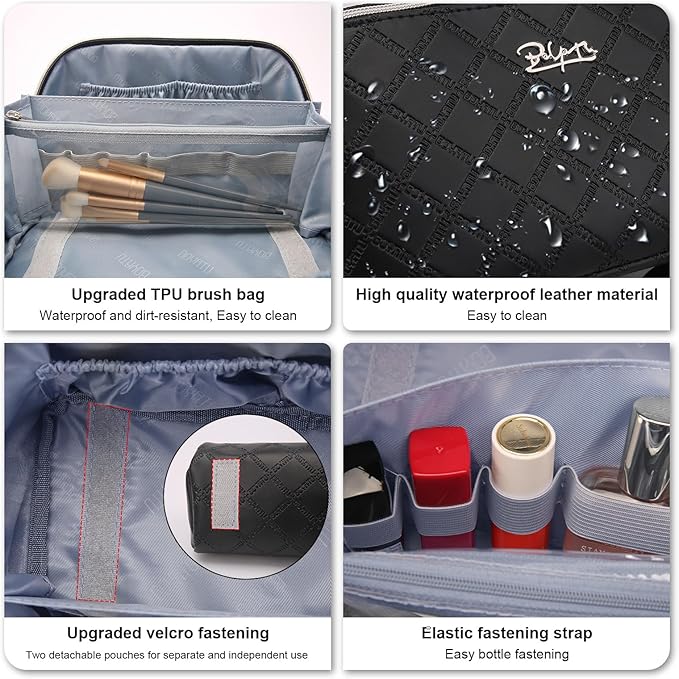 BOYATU Travel Makeup Bags Cosmetic Organizer Bag: 3-Set Large Capacity Make up Bag - PU Leather Toiletry Bags for Women - Wide Open Portable Pouch with Divider & Handle (07-Black 6)