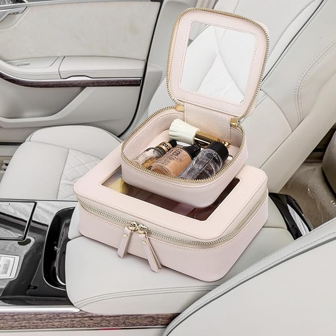 Pinkmik Small Makeup Bag Mini Clear Cosmetic Makeup Case & Toiletry Bag with Zipper Women's Purse Organizer & Car Essentials (Beige, MINI-1)