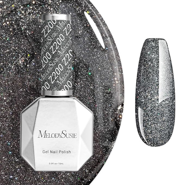 MelodySusie Blcak Glitter Gel Nail Polish,0.5fl oz Nails Soak Off UV LED Black Sliver Glitter Gel Polish Gift for Women Nail Art Manicure Salon DIY Nail Design Decoration at Home-z200-A2080