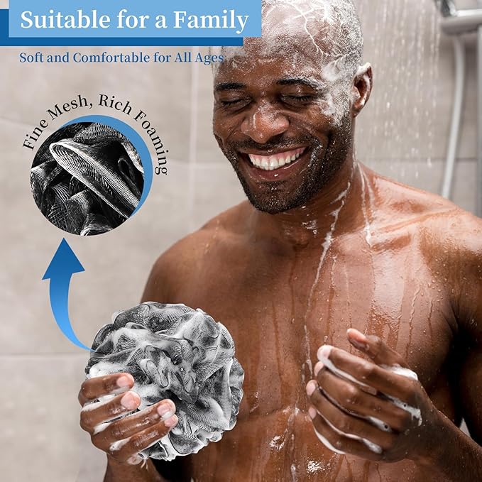 Bath Loofah Shower Sponge Body Back Scrubber Soft Mesh Shower Puffs Exfoliating Loofa for Women & Men Bath Accessories Cleaning Tool (4Pack 60G Black, Charcoal Black)