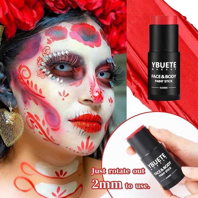 Red Face Body Painting Stick, Full-coverage Cream Professional Washable Face Paint for Halloween SFX Devil Clown Vampire Zombie Goth Cosplay Makeup for Adult Costume Party & Stage Performance