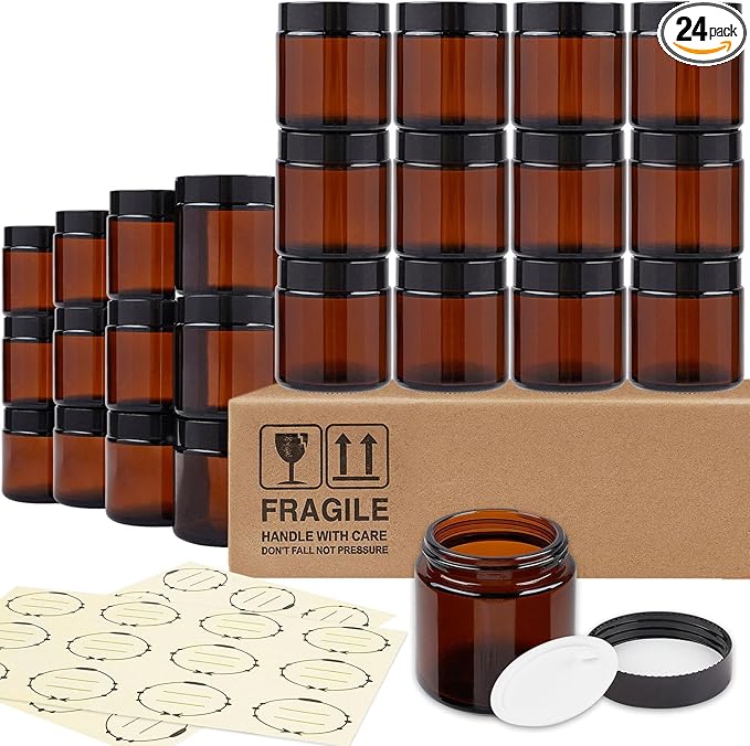 TUZAZO 2 Oz Thick Amber Round Glass Jars with Inner Lids and Black Lids, 24 Pack Small Empty Candle Making Jars/Cosmetic Containers for Lotions, Creams, Body Butters, Essential oil Beauty Products