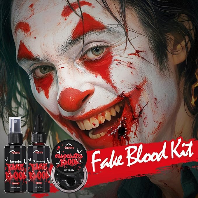 Halloween Fake Blood Makeup Kit, Realistic Washable SFX Makeup Kit with Fake Blood Spray Dripping Blood and Coagulated Gel Blood for Halloween Face Paint Zombie Monster Mouth Clothes Dress Up